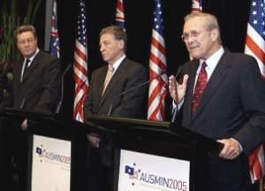 Proven liar and war criminal, Rumsfeld leads lackey Oz ministers, Downer and Hill