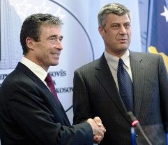 NATO chief Rasmussen with Interpol listed Albanian Kosovar organised crime figure Hashim Thaci